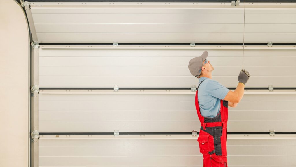 A garage door repair technician checking a residential door