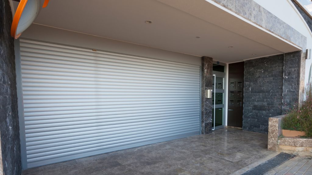 A roll-up garage door in residential application