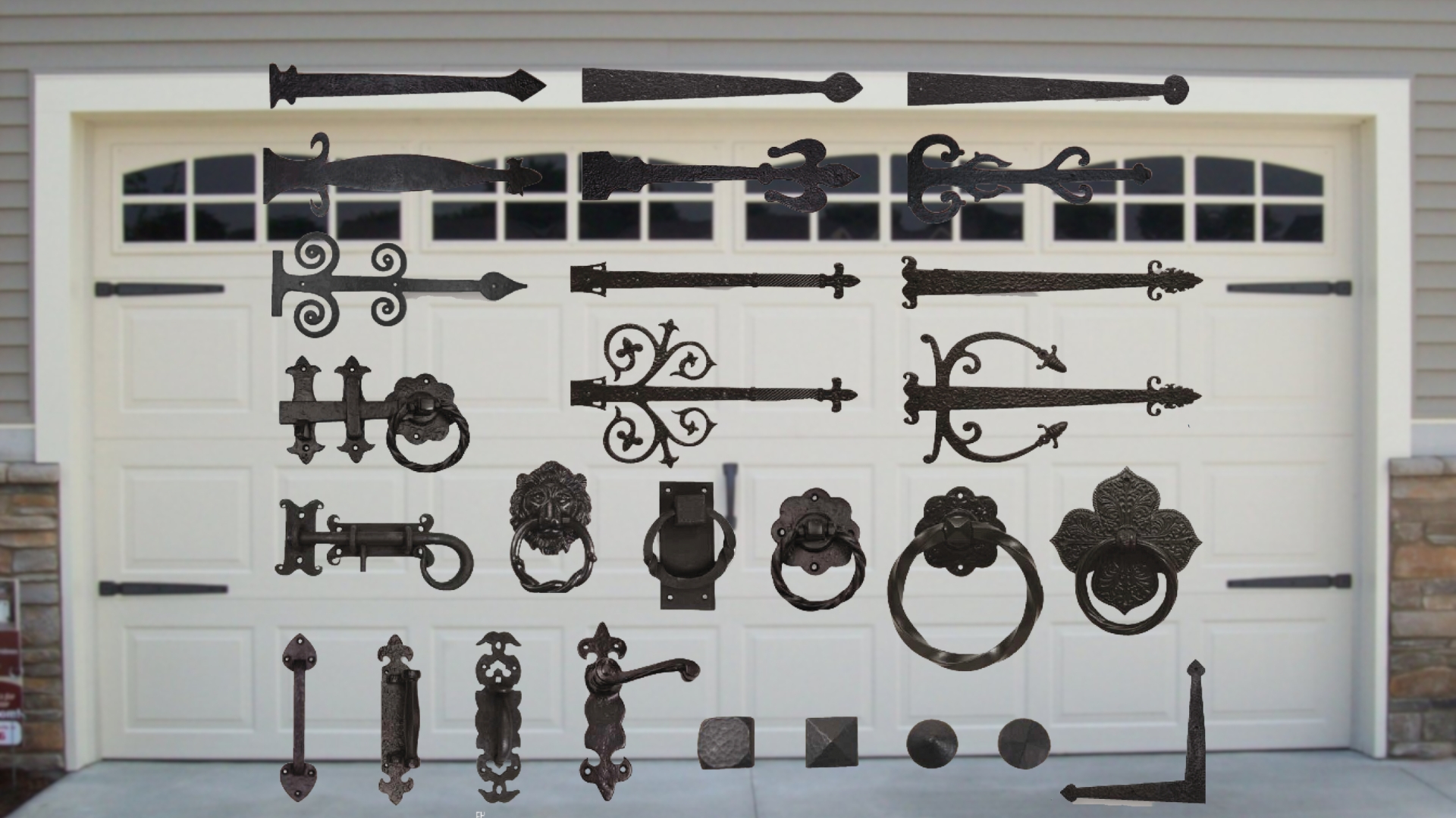 A selection of different garage door decorative hardware