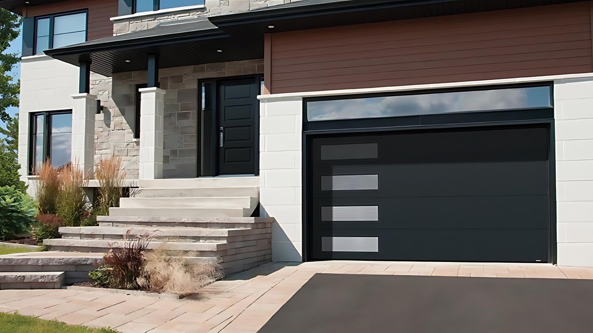 A residential garage door installed in a modern home