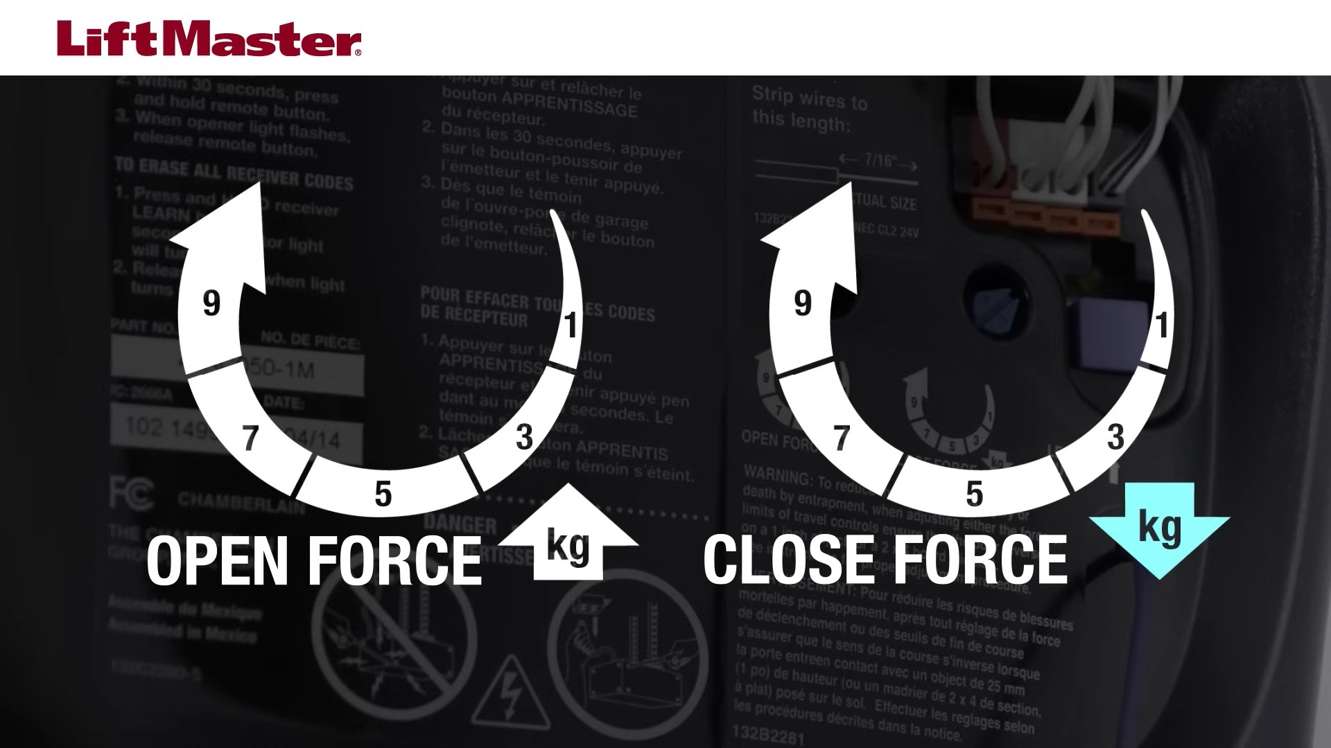 LiftMaster's instructions for adjusting the down force and travel limit settings on your opener