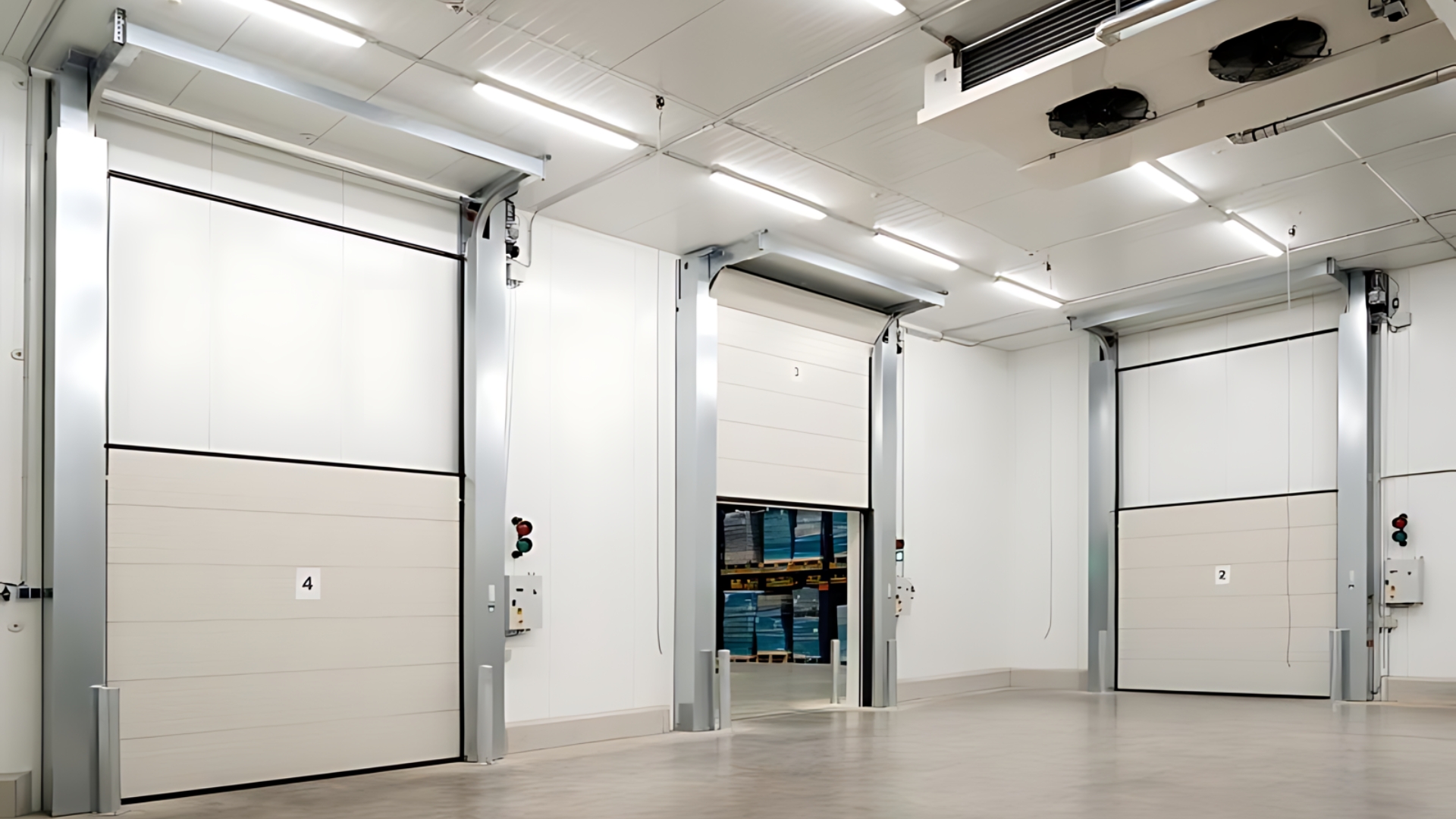 Three high-performance garage doors installed in a warehouse