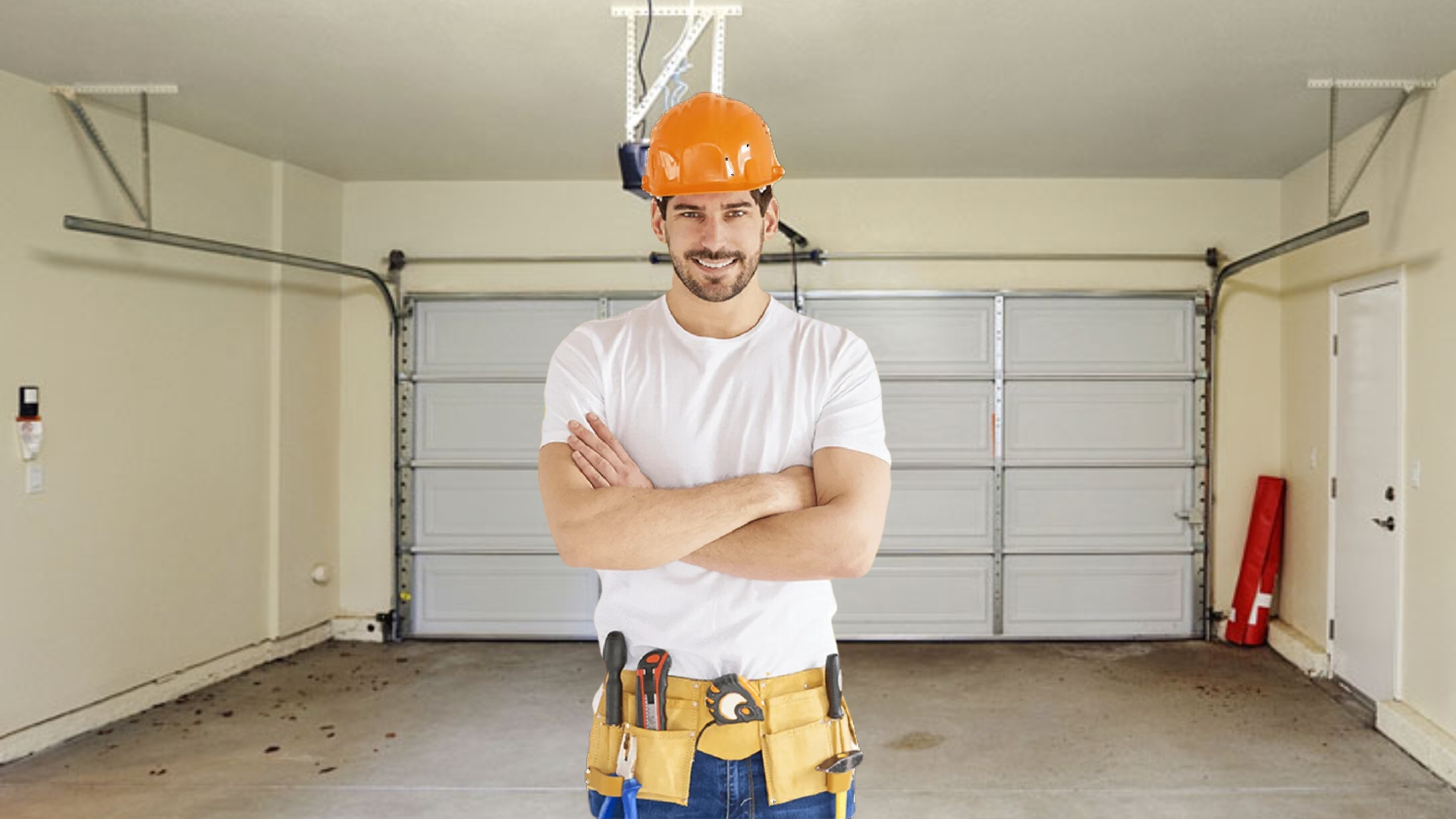 A garage door technician standing in the middle of a residential garage