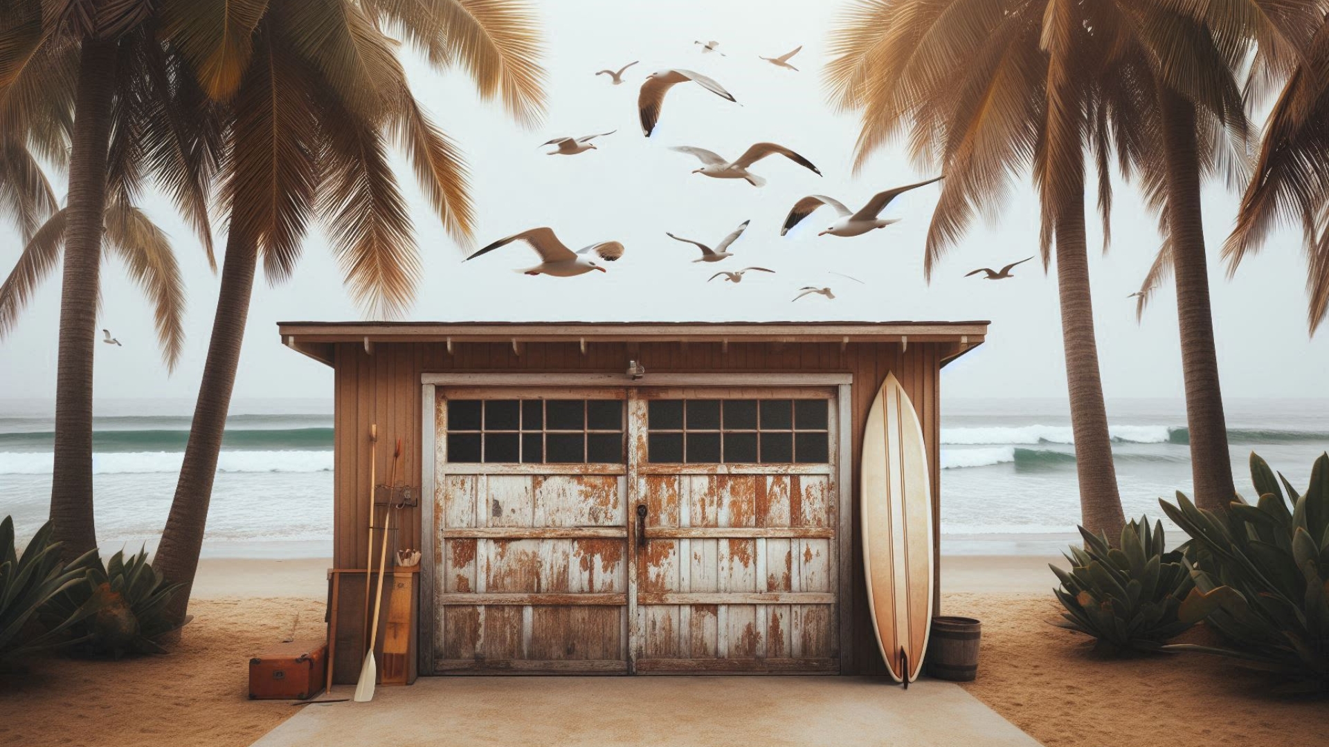 A garage door near the coast that is rusting