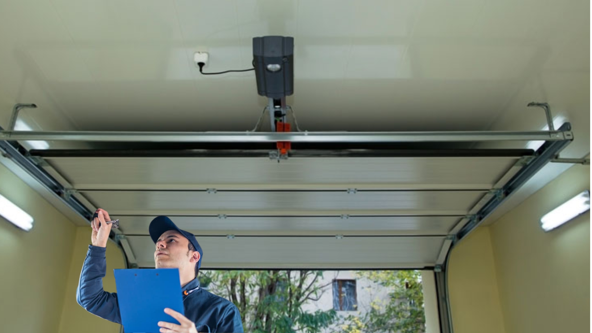 A technician performing garage door inspection for a homeowner