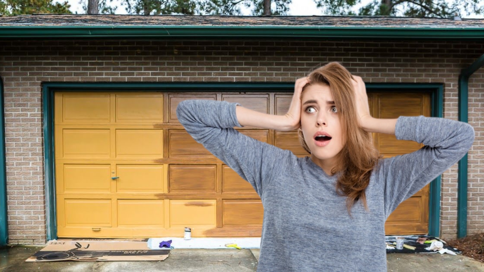 A woman worried in front of their half-painted wooden garage door