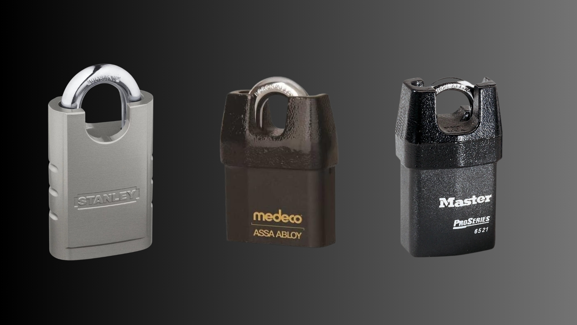 Three professional-grade garage padlocks: Stanley, Medeco, and Master Lock.