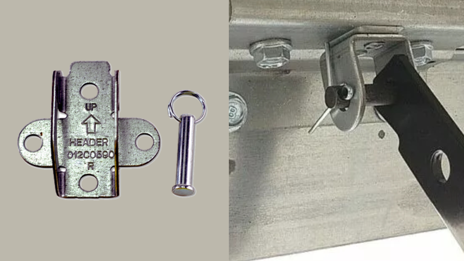 Close-up of a metal garage door opener bracket and pin