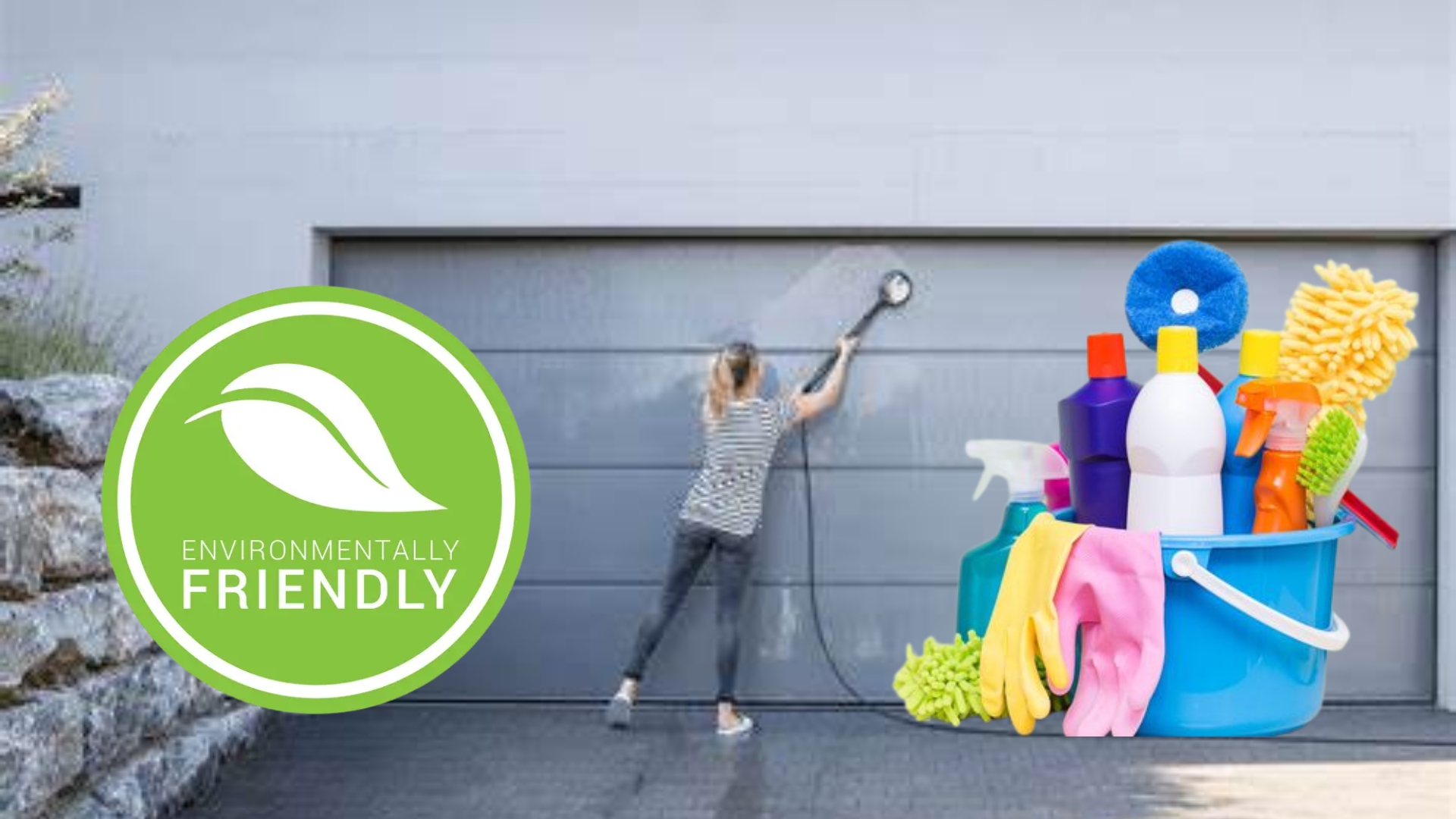 Eco-friendly products used during a garage door cleaning session.