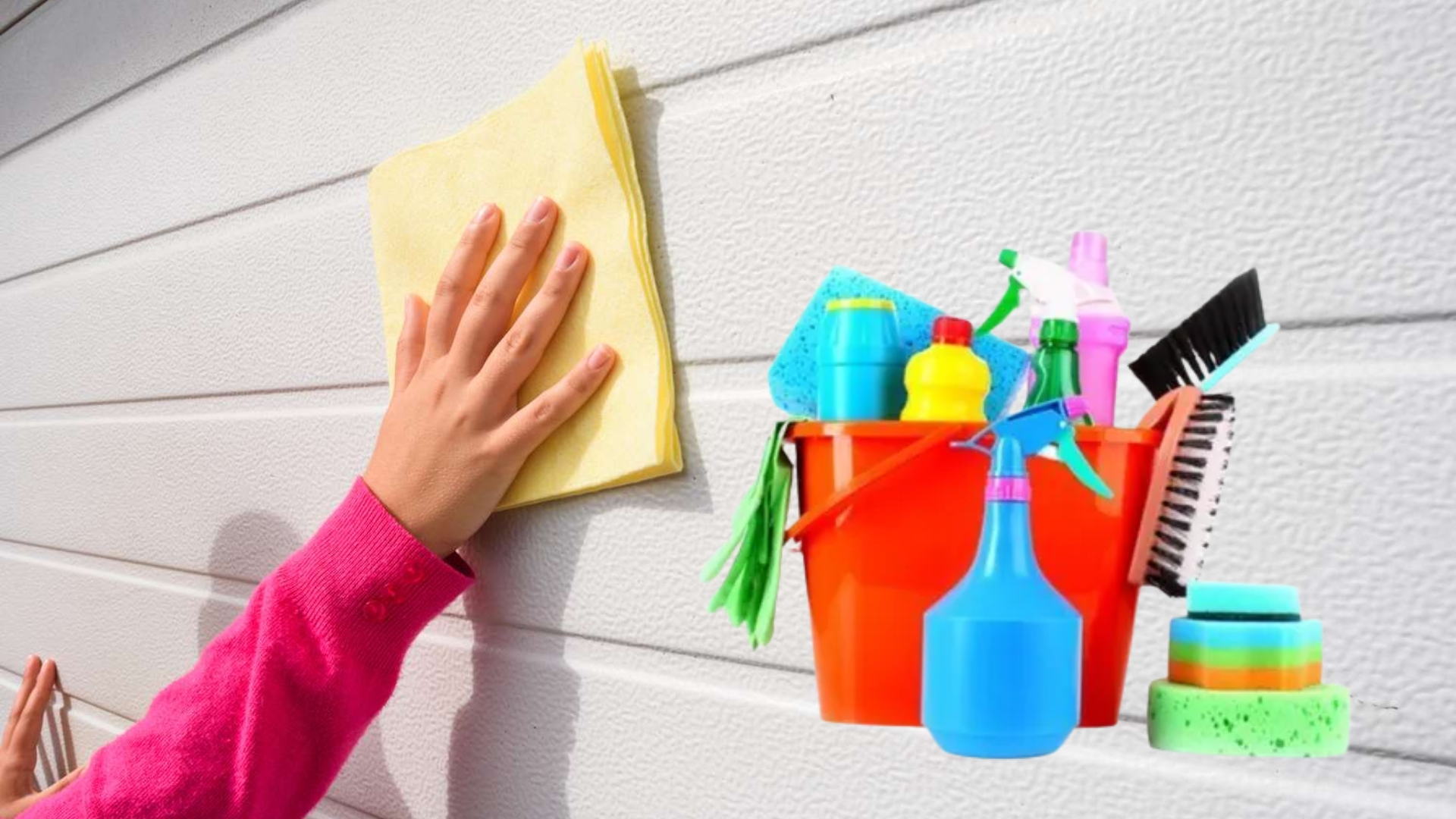 Tools and supplies for garage door cleaning include cloths, brushes, and spray bottles.