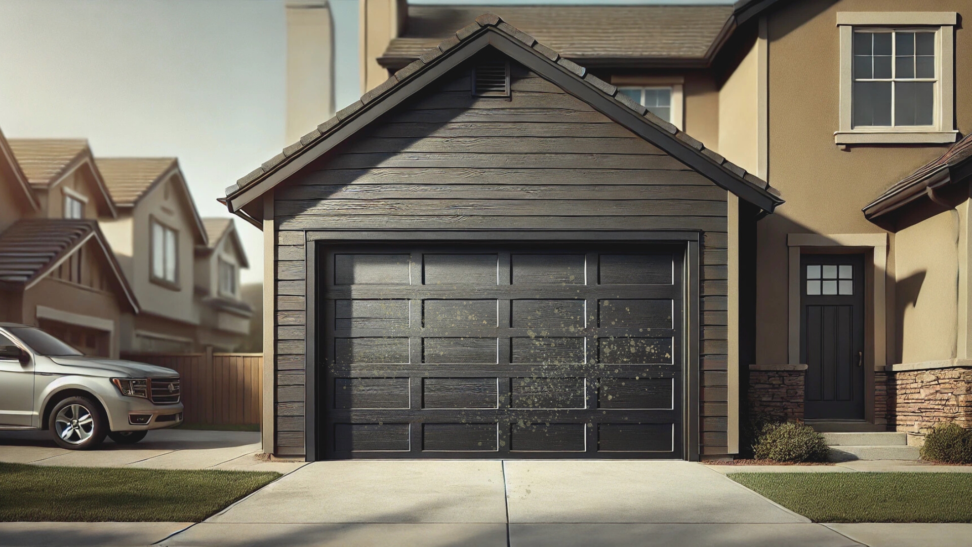 Wood-textured dark painted garage door.