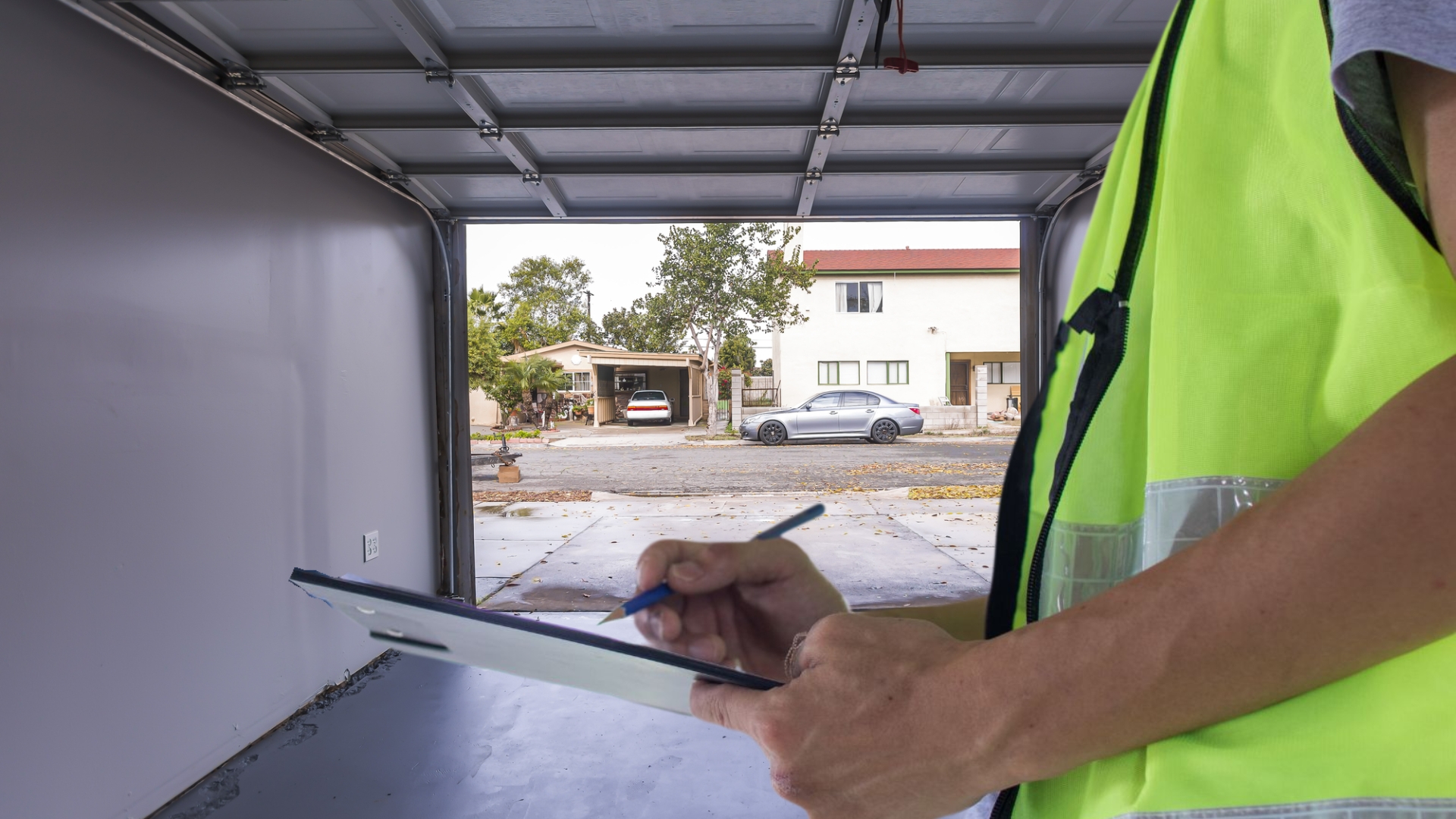 A technician performing an annual garage door maintenance inspection with a checklist.